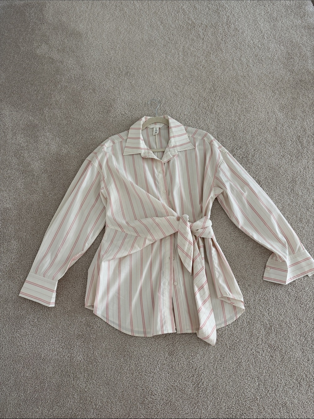 H&M White Button-Front Shirt with Pink Stripes and Tie Waist